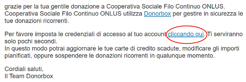 Immagine del messaggio di posta elettronica che si riceve dopo aver eseguito una donazione ricorrente